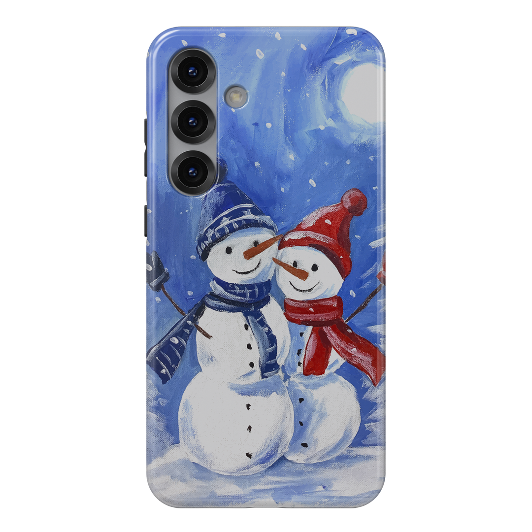 Hand-painted snowman couple phone case with blue winter background, red and blue hats and scarves, snowy holiday artwork