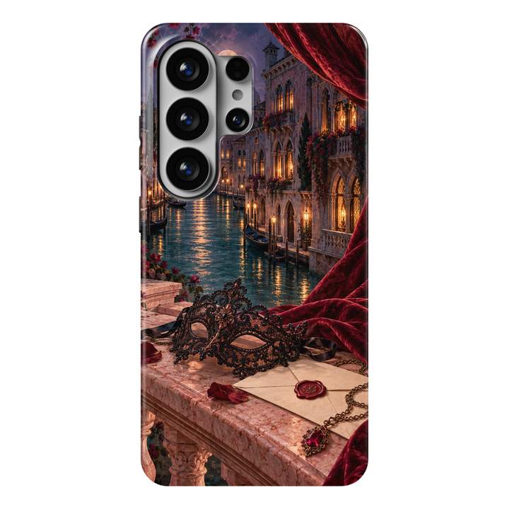 CASELIX Velvet Hour Samsung Galaxy case featuring a moonlit Venice canal, crimson curtains, black masquerade mask and wax-sealed letter.