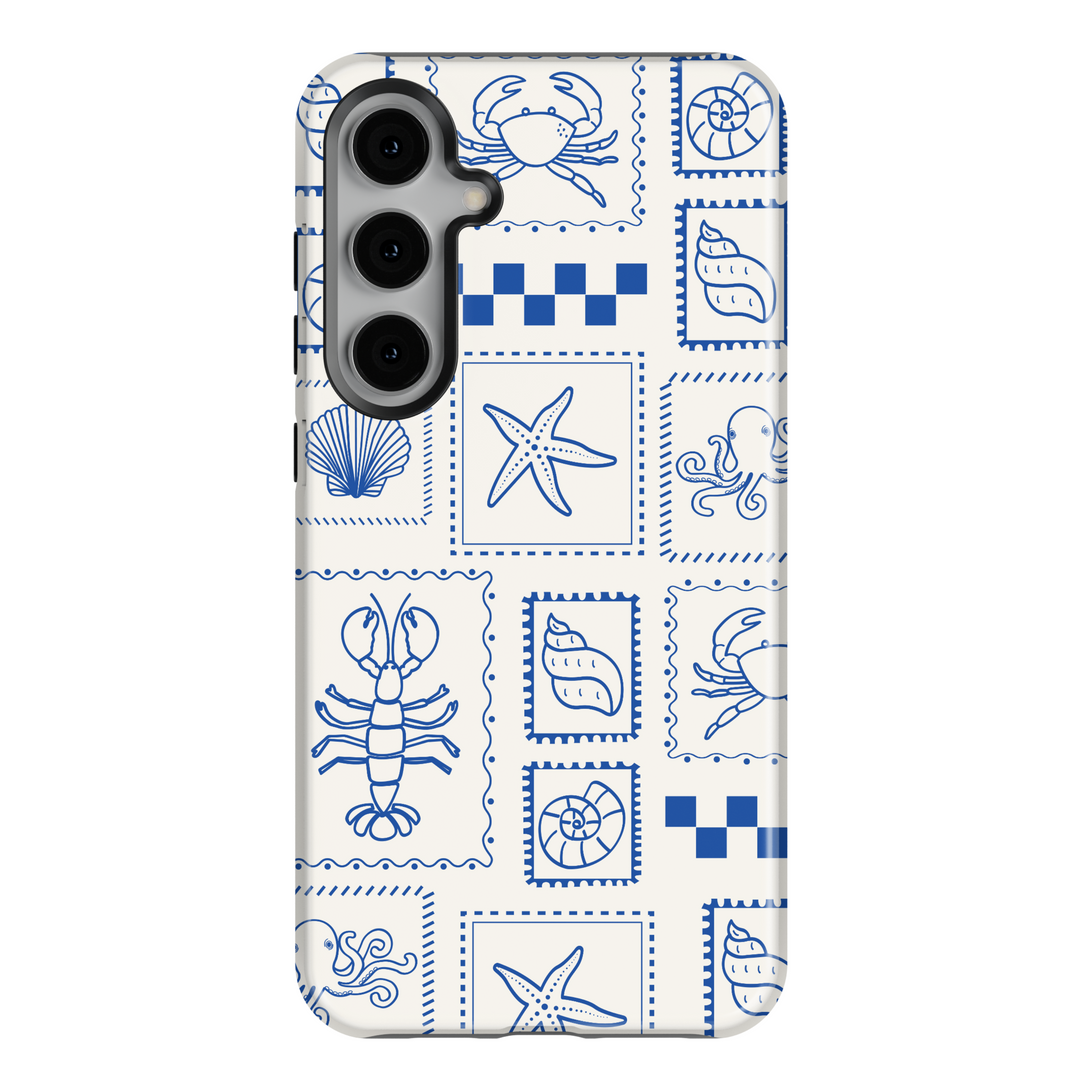 Samsung Galaxy S25 Ultra & S24 FE Tough Case – Blue Sea Creature Patch Print with Starfish, Shells, Lobsters, Octopus & Crabs on Cream