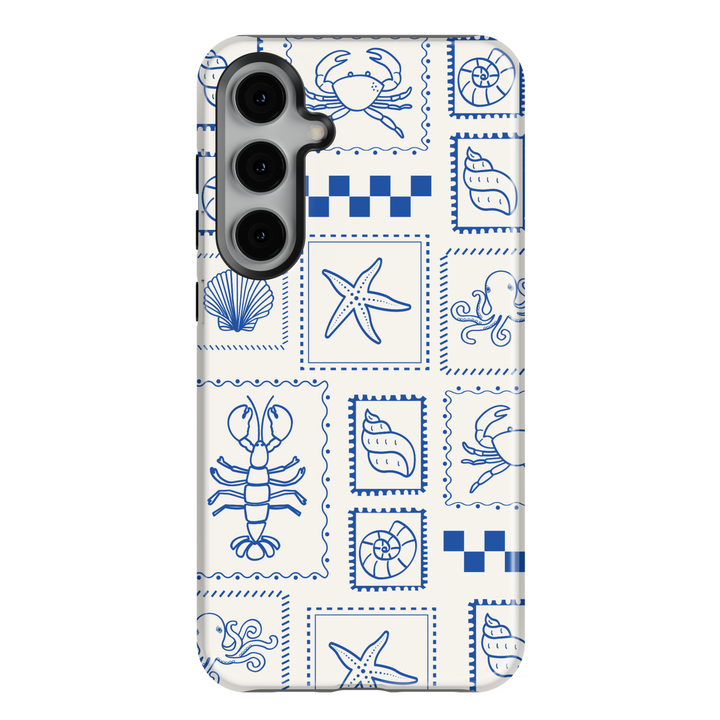Samsung Galaxy S25 Ultra & S24 FE Tough Case – Blue Sea Creature Patch Print with Starfish, Shells, Lobsters, Octopus & Crabs on Cream