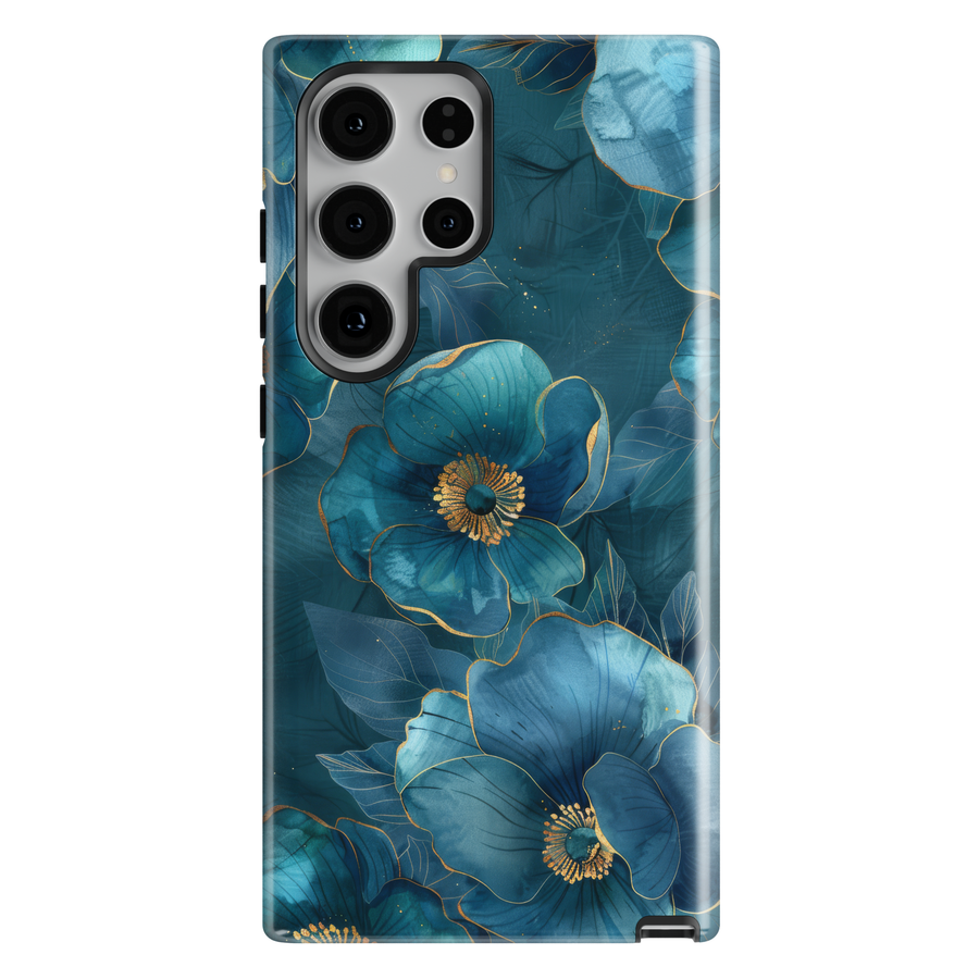 Blue floral phone case with gold accents and elegant botanical flower design for iPhone and Samsung