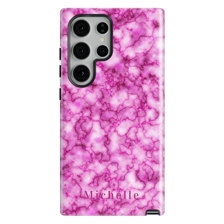 Personalized pink marble phone case with custom name Michelle, glossy blush design for Samsung Galaxy