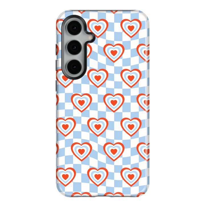 Samsung Galaxy S25 Ultra and S24 FE phone case with retro blue checkerboard background and layered red and white heart pattern.