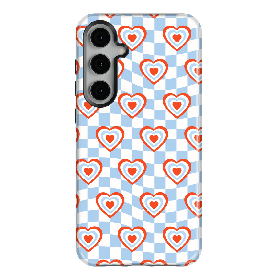Samsung Galaxy S25 Ultra and S24 FE phone case with retro blue checkerboard background and layered red and white heart pattern.