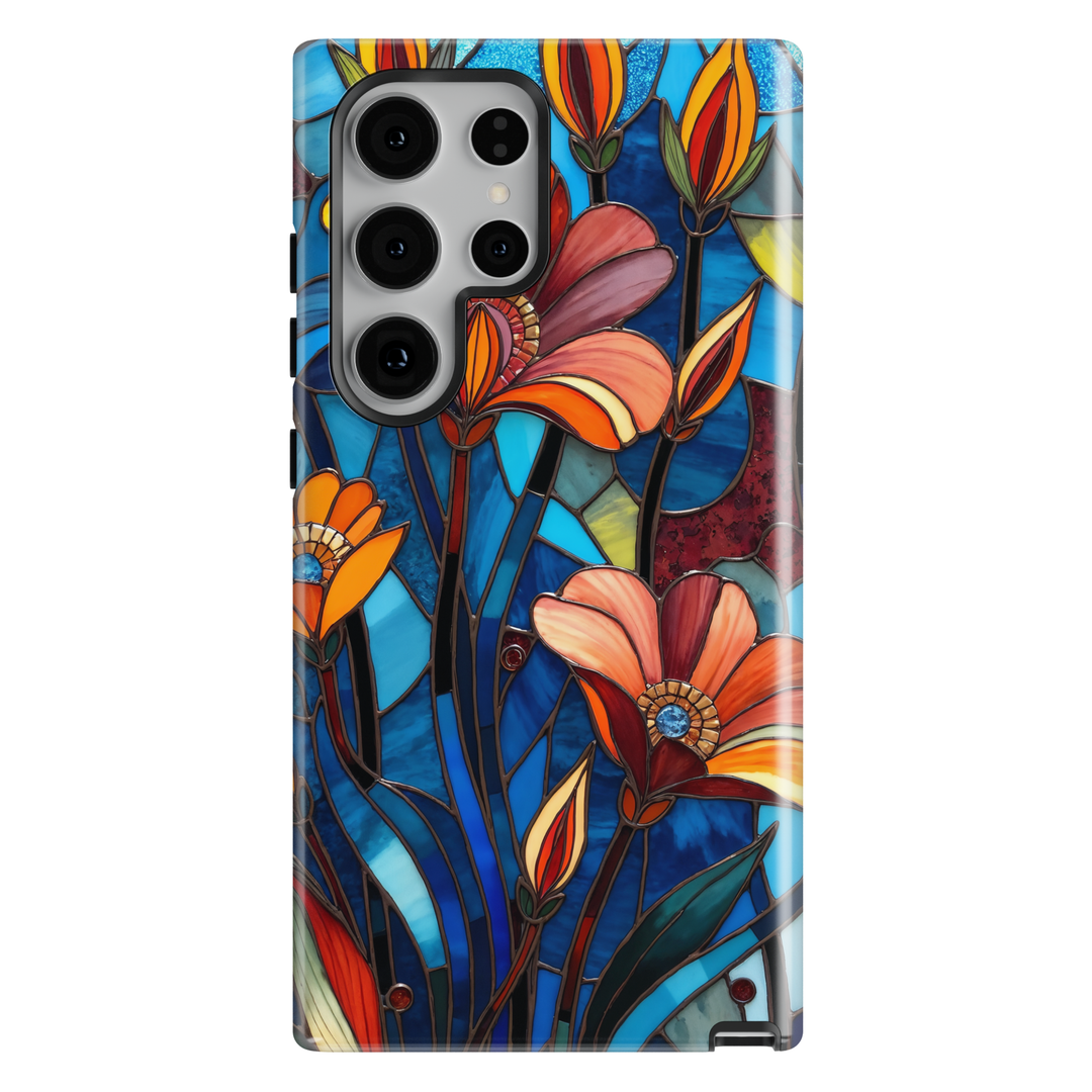 Stained glass floral Samsung Galaxy case with blue glass and orange flower design