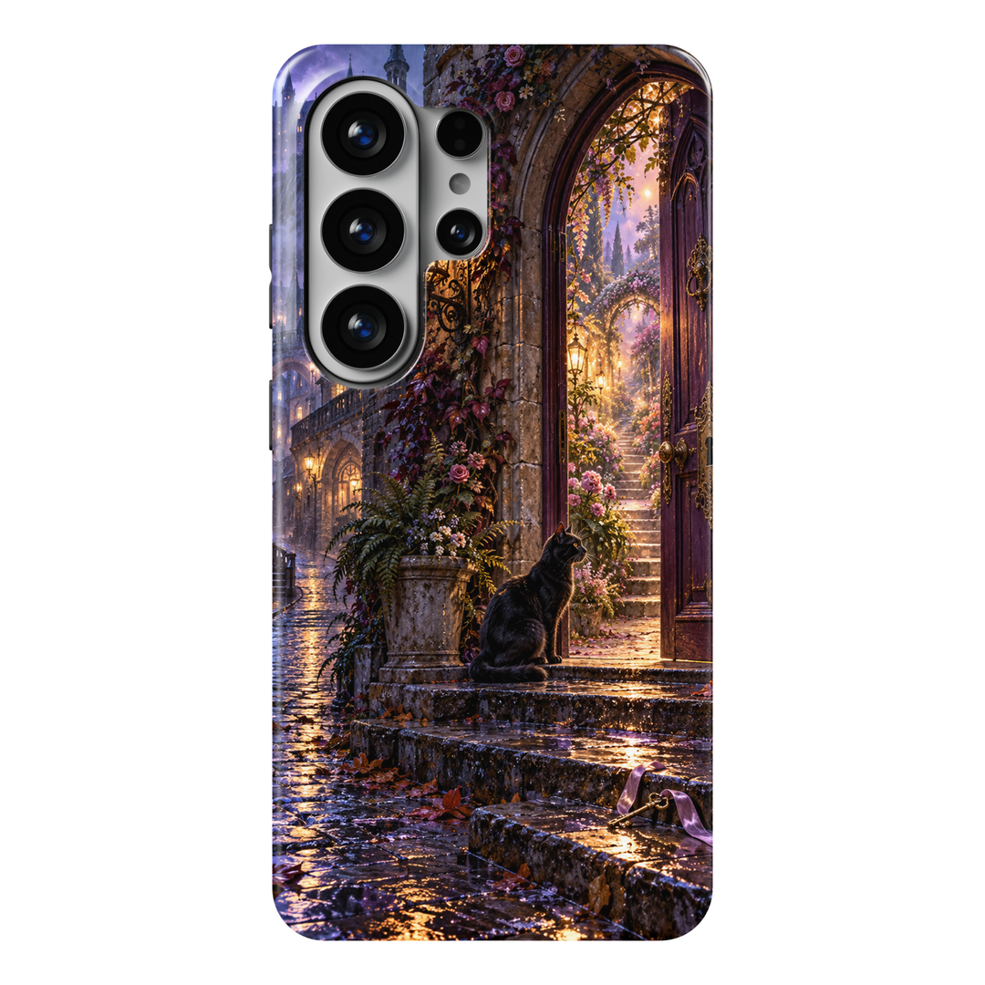 CASELIX The Thirteenth Door Samsung Galaxy case featuring a black cat, purple arched doorway, lantern-lit rose garden and rain-soaked stone steps.