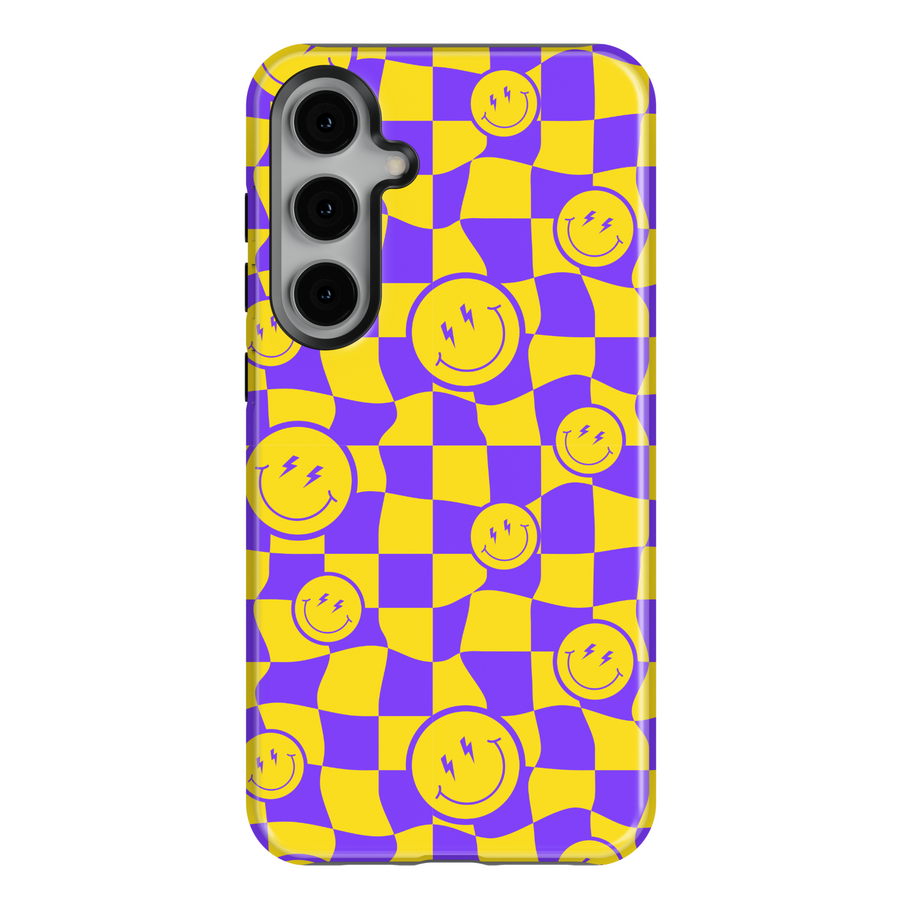 Samsung Galaxy S25 Ultra and S24 FE case with wavy purple and yellow checkerboard background decorated with lightning-bolt smiley faces.