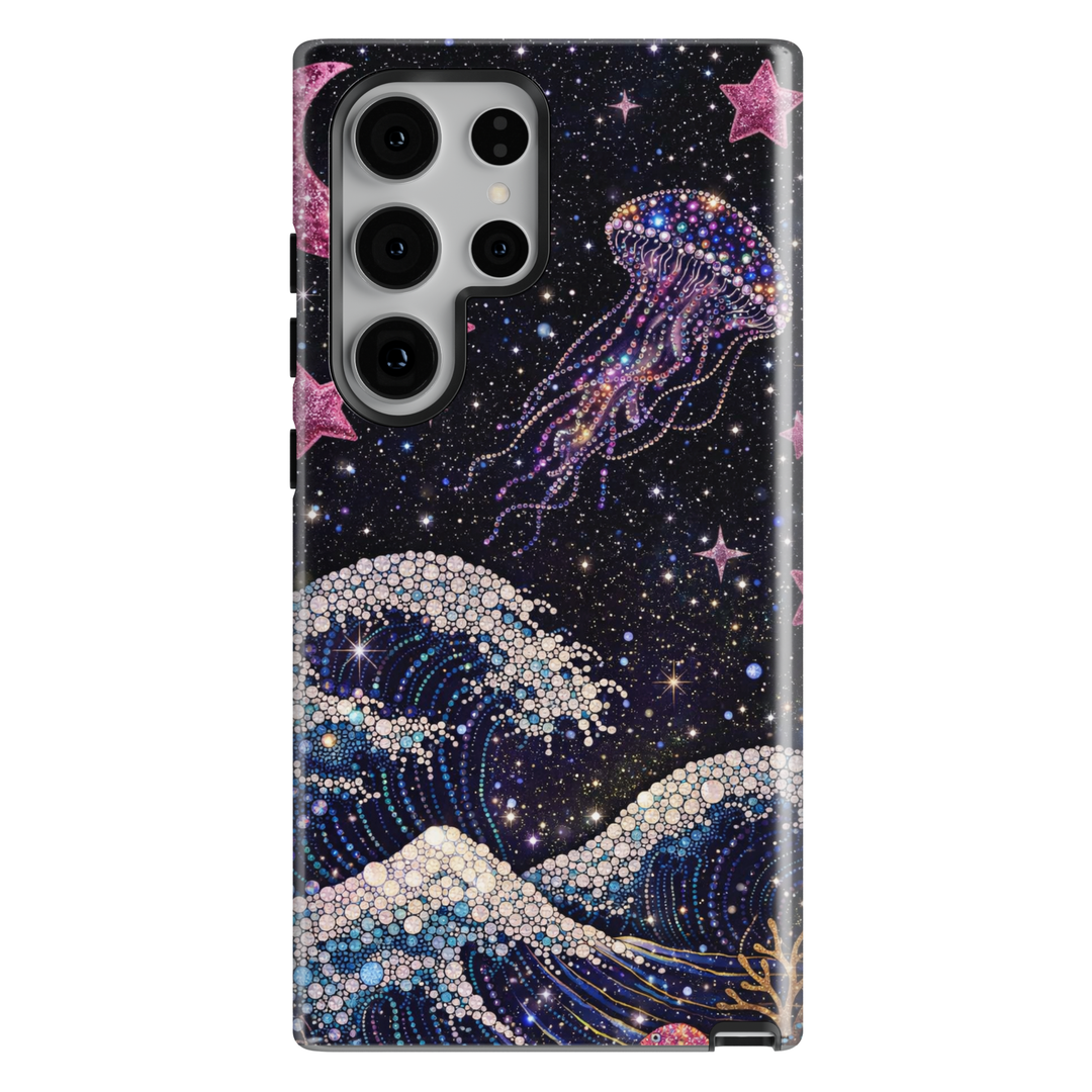 Sparkling galaxy ocean wave phone case with pink star accents and glam glitter aesthetic cover for iPhone 16 Pro Max and Samsung Galaxy S25 Ultra