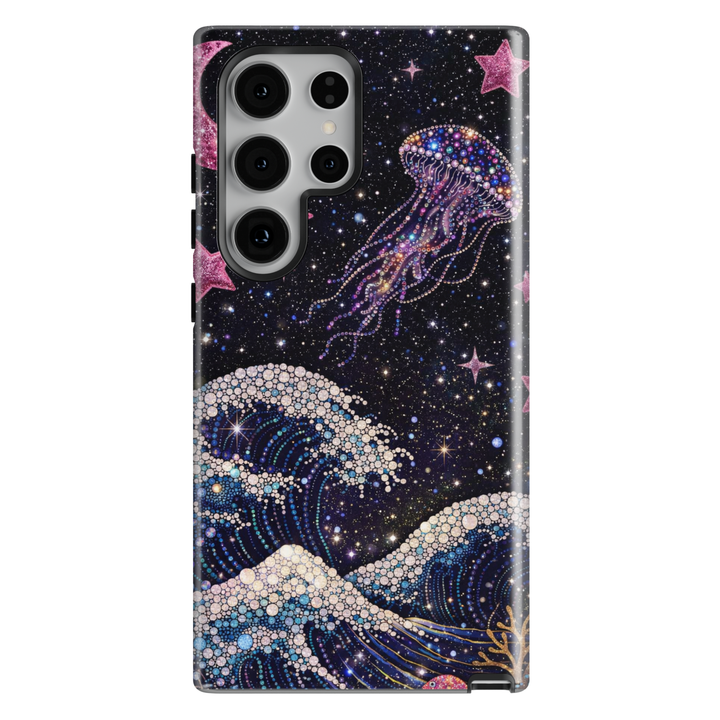 Sparkling galaxy ocean wave phone case with pink star accents and glam glitter aesthetic cover for iPhone 16 Pro Max and Samsung Galaxy S25 Ultra