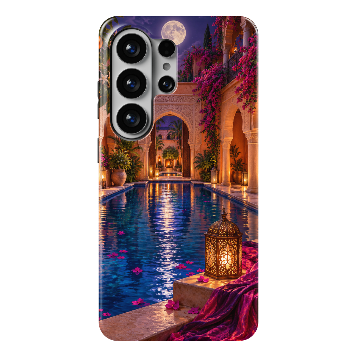 CASELIX Moonwater Riad Samsung Galaxy case featuring a moonlit Moroccan courtyard, blue reflecting pool, pink bougainvillea and glowing lantern.