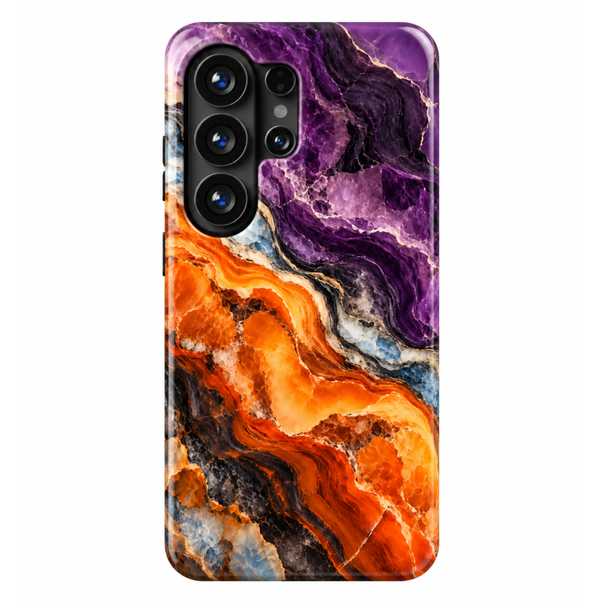 CASELIX Amethyst Amber Samsung Galaxy case with glossy purple, amber orange, black and icy blue marble print on a white background.