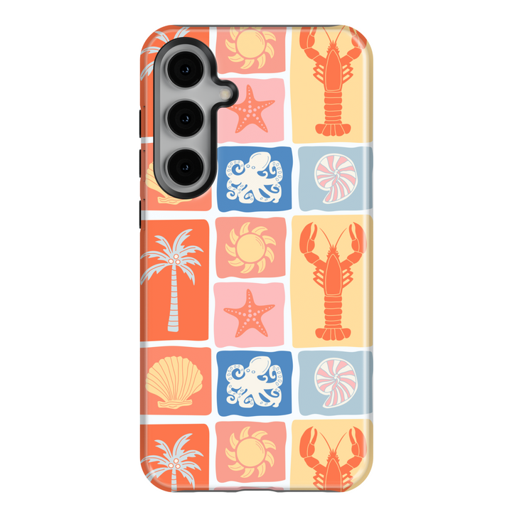 Samsung Galaxy S25 Ultra & S24 FE Tropical Summer Case – Orange and Yellow Checkerboard Design with Lobsters, Octopus, Starfish, and Palm Trees