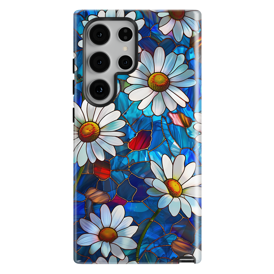 Stained glass daisy Samsung Galaxy case with white flowers and blue glass design