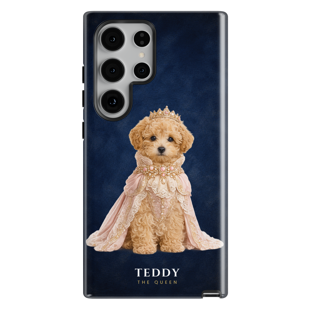 Custom royal pet phone case featuring personalized dog and cat portraits transformed into king and queen artwork on premium protective phone cases with navy, burgundy, and emerald backgrounds.