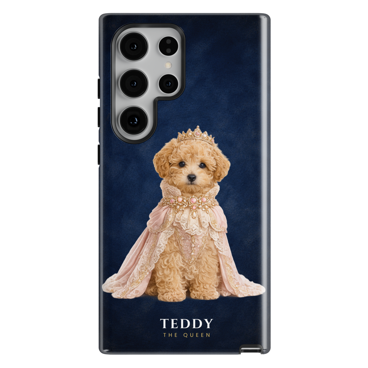 Custom royal pet phone case featuring personalized dog and cat portraits transformed into king and queen artwork on premium protective phone cases with navy, burgundy, and emerald backgrounds.
