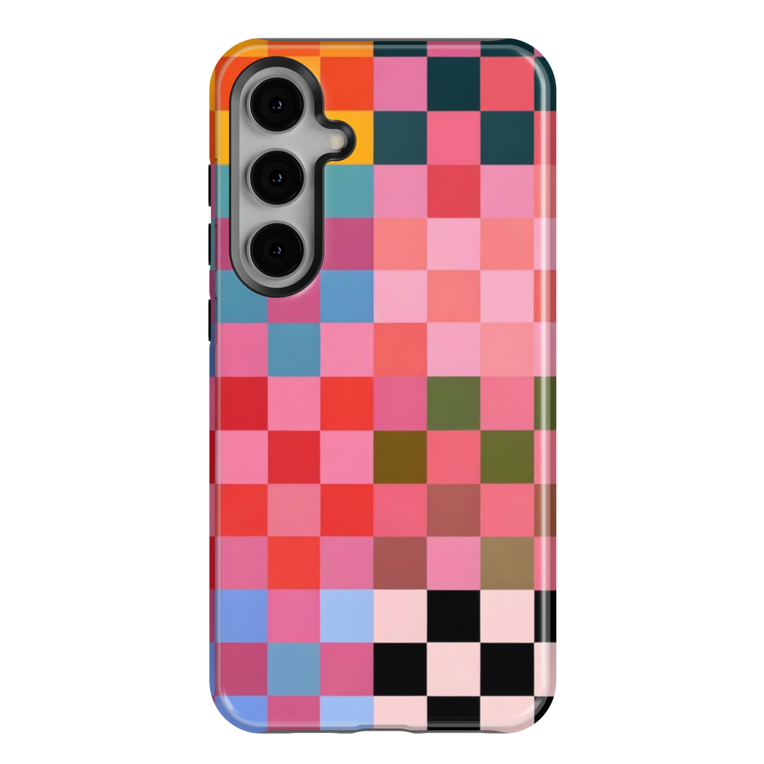 Samsung Galaxy phone case with multicolor pixel-style checkerboard design. Fits Galaxy S24 Ultra, S24 Plus, and S23 FE. Trendy and bold aesthetic.