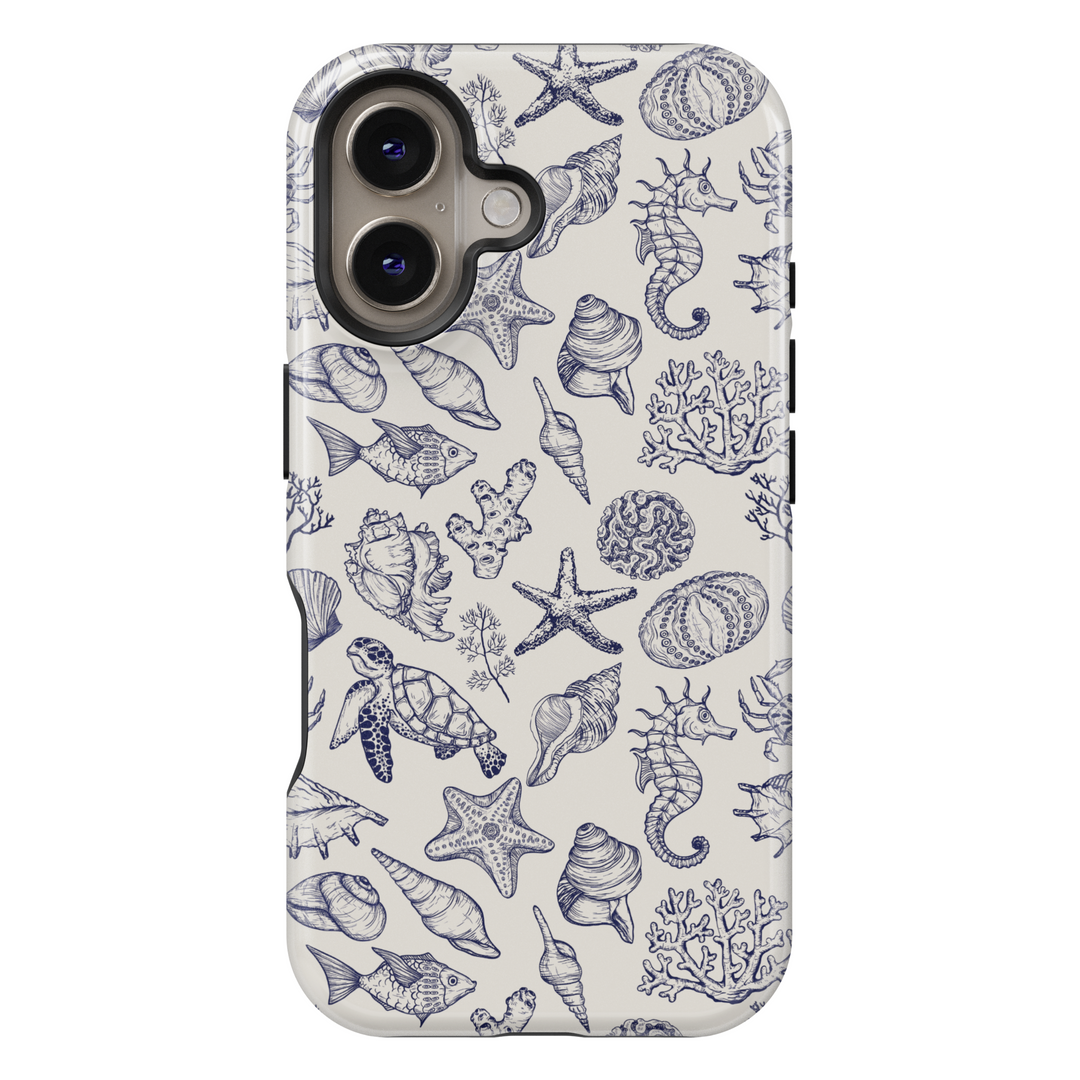 Vintage hand-drawn ocean iPhone case with turtle, seashell, coral and starfish pattern in navy on ivory – MagSafe iPhone 16 Pro Max case for sea lovers