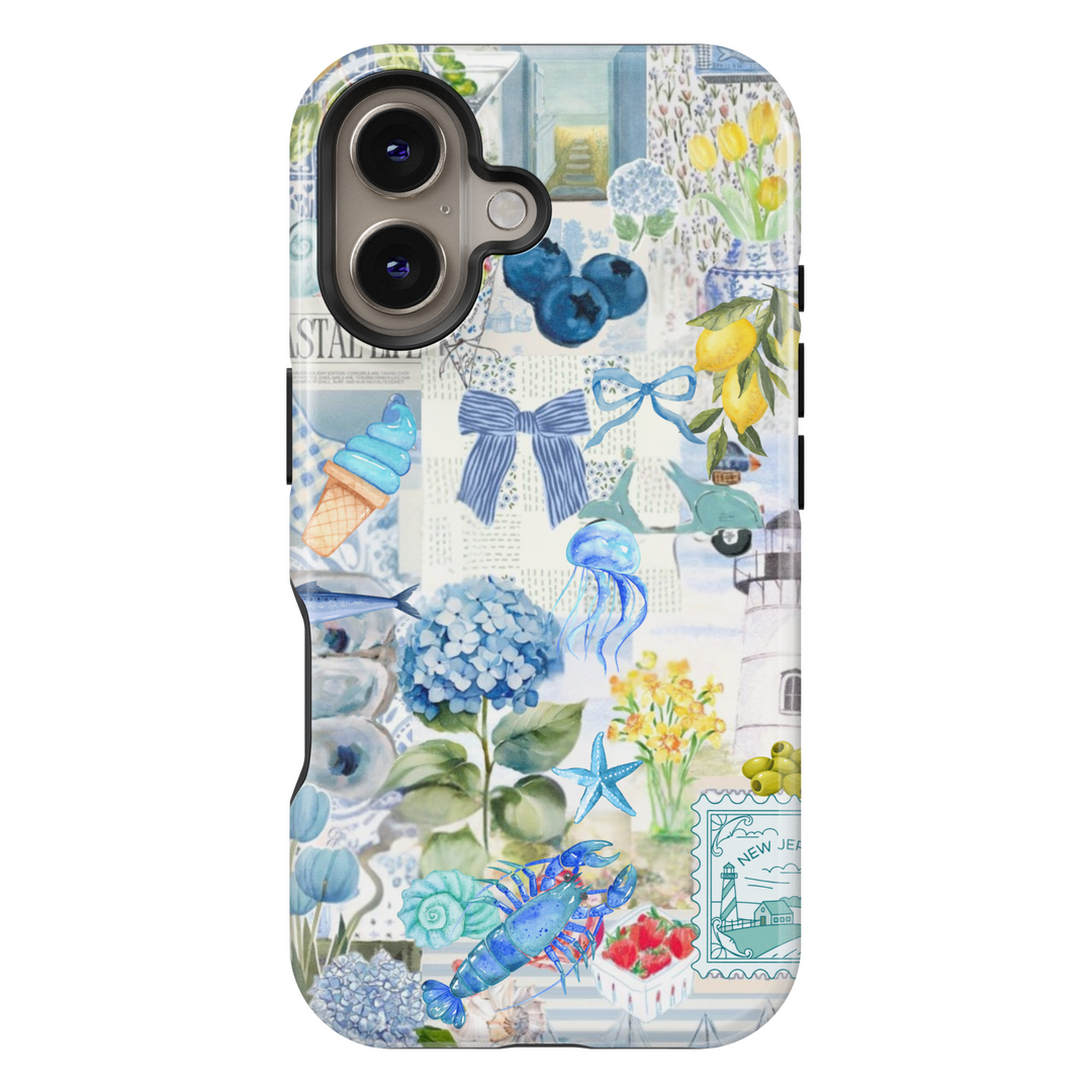 Coastal scrapbook collage iPhone case with hydrangeas, lighthouses, jellyfish, bows, and lemons – fits iPhone 16 Pro Max, iPhone 15, and MagSafe models with protective finish