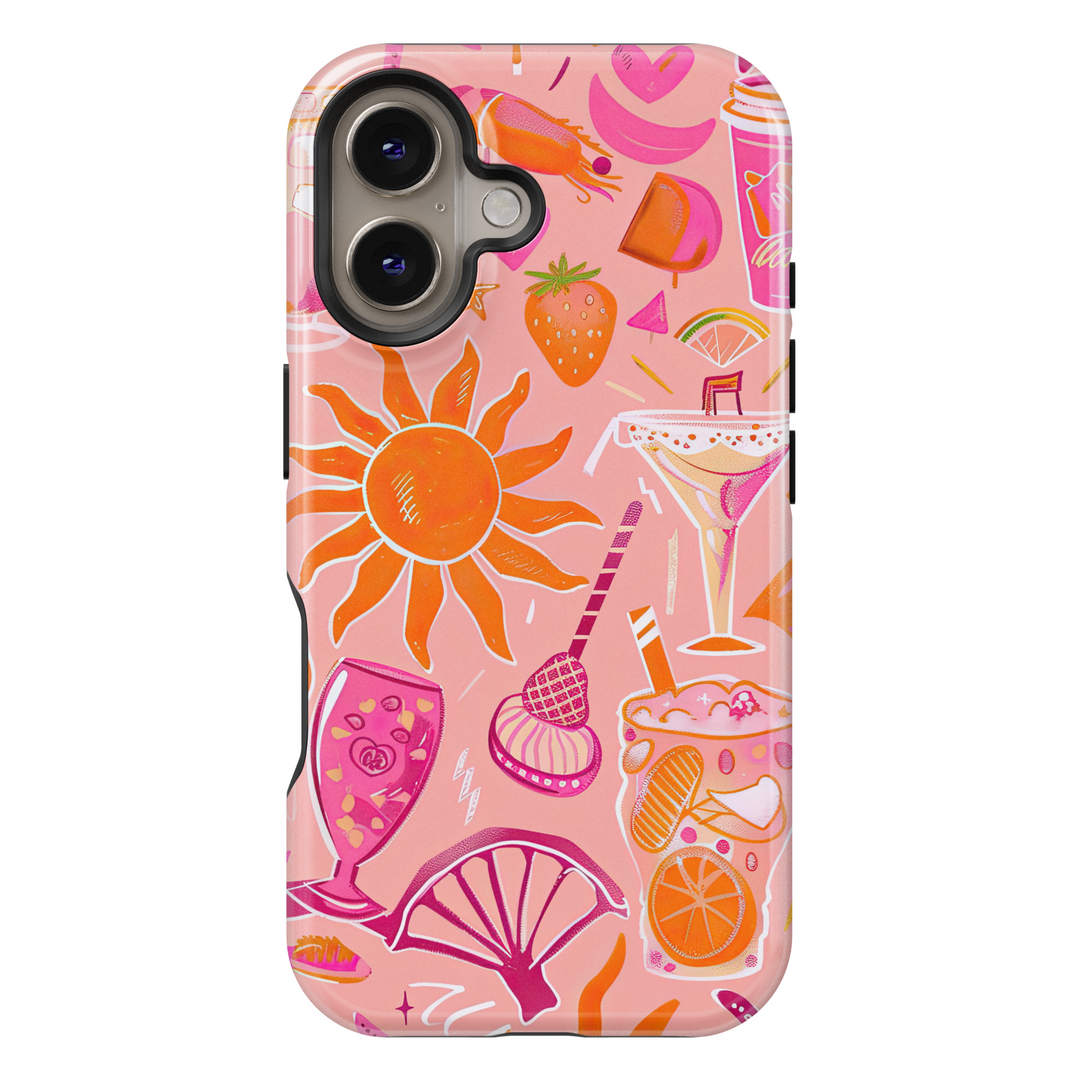 Pink summer iPhone 16 Pro Max MagSafe case with cocktail, citrus, and fruit illustrations – iPhone 15/16e tropical drinks phone case