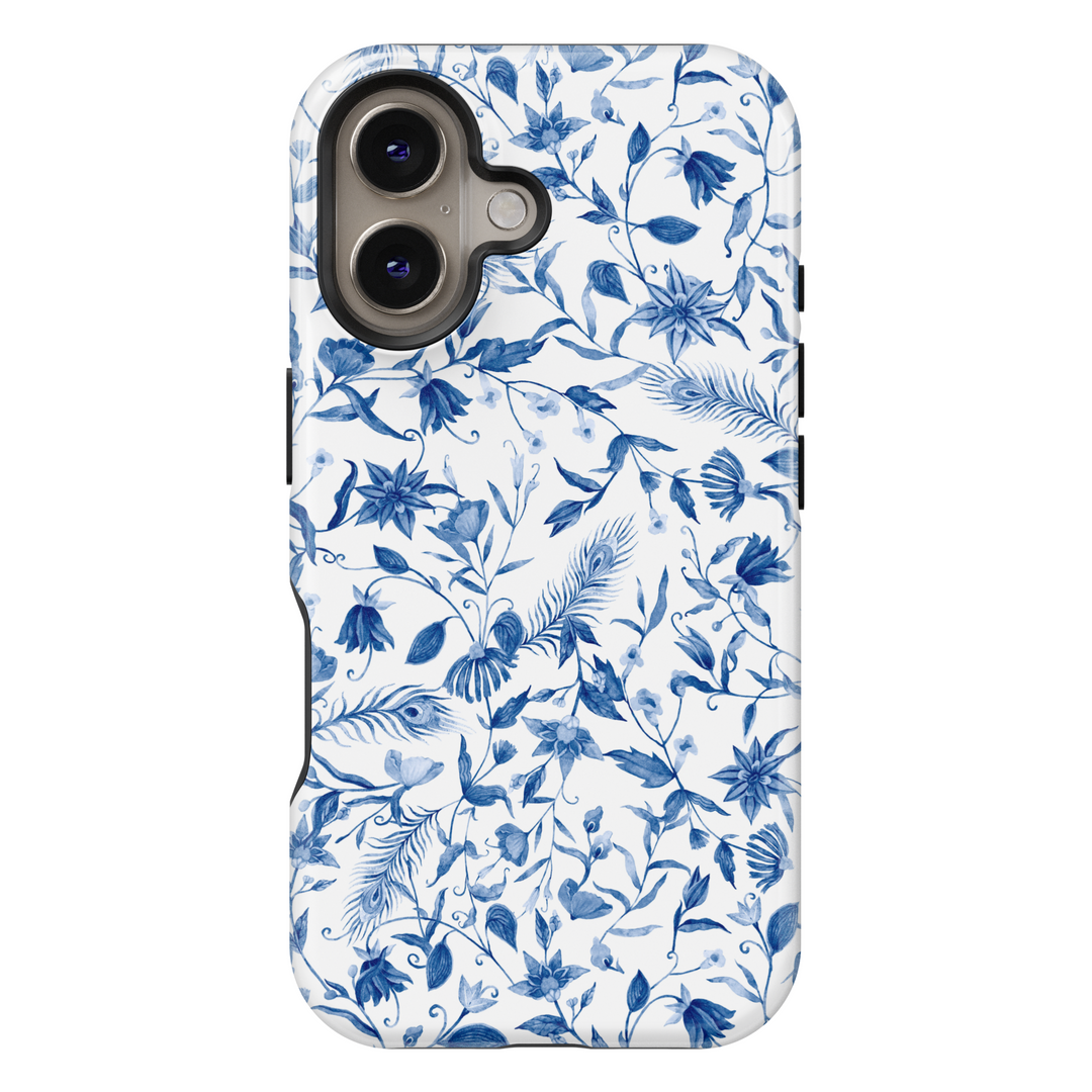 Blue Floral Toile iPhone 16 Pro Max MagSafe Case – Vintage Botanical Protective Case for iPhone 15 Pro, iPhone 16e, Chic Blue and White Pattern Cover