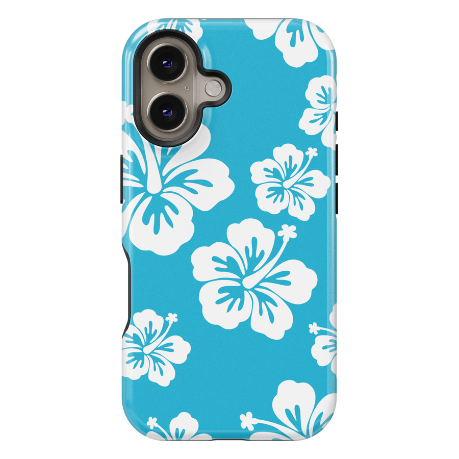 Blue tropical hibiscus flower iPhone 16 Pro Max MagSafe case, Hawaiian floral pattern iPhone 15 and 16e protective cover