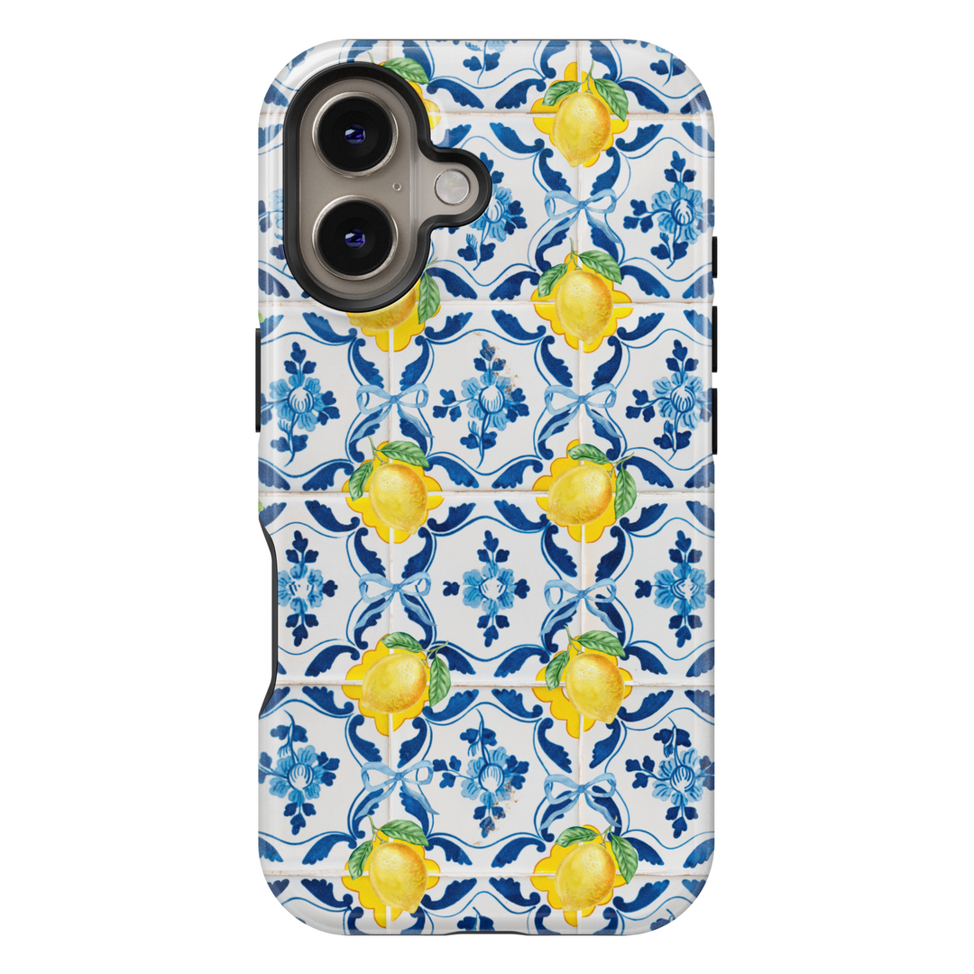 Amalfi lemon tile pattern iPhone case for iPhone 16 Pro Max with blue ceramic and yellow citrus print – MagSafe compatible Italian summer aesthetic phone cover