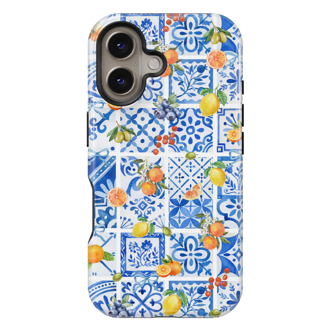 Mediterranean tile iPhone 16 Pro Max MagSafe case with blue and white ceramic pattern and citrus fruit design – lemon and orange summer phone case for iPhone 15 Pro and iPhone 16e