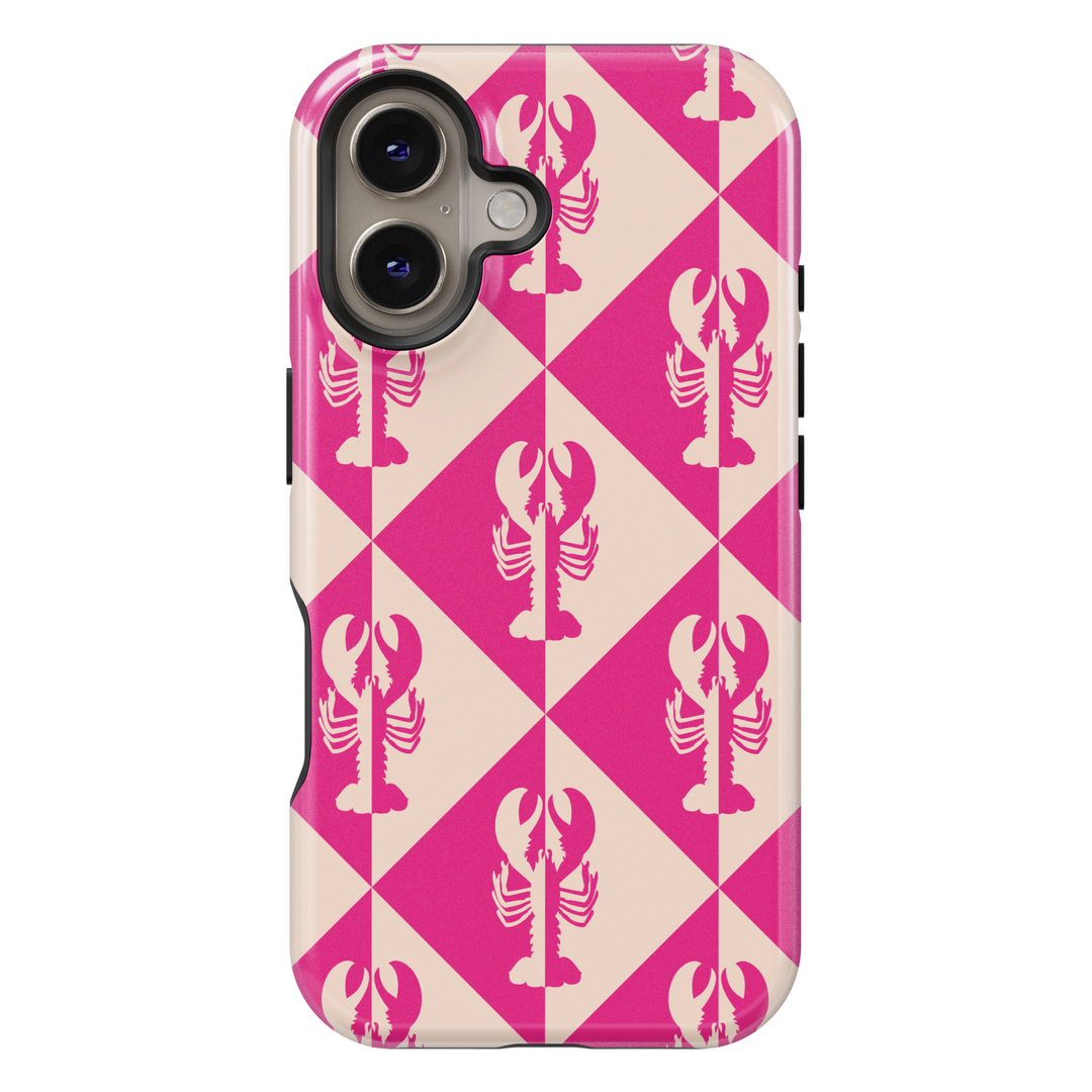 Pink lobster checkered iPhone 16 Pro Max MagSafe case with bold seafood pattern, protective summer coastal aesthetic phone case for iPhone 15 Pro and iPhone 16e