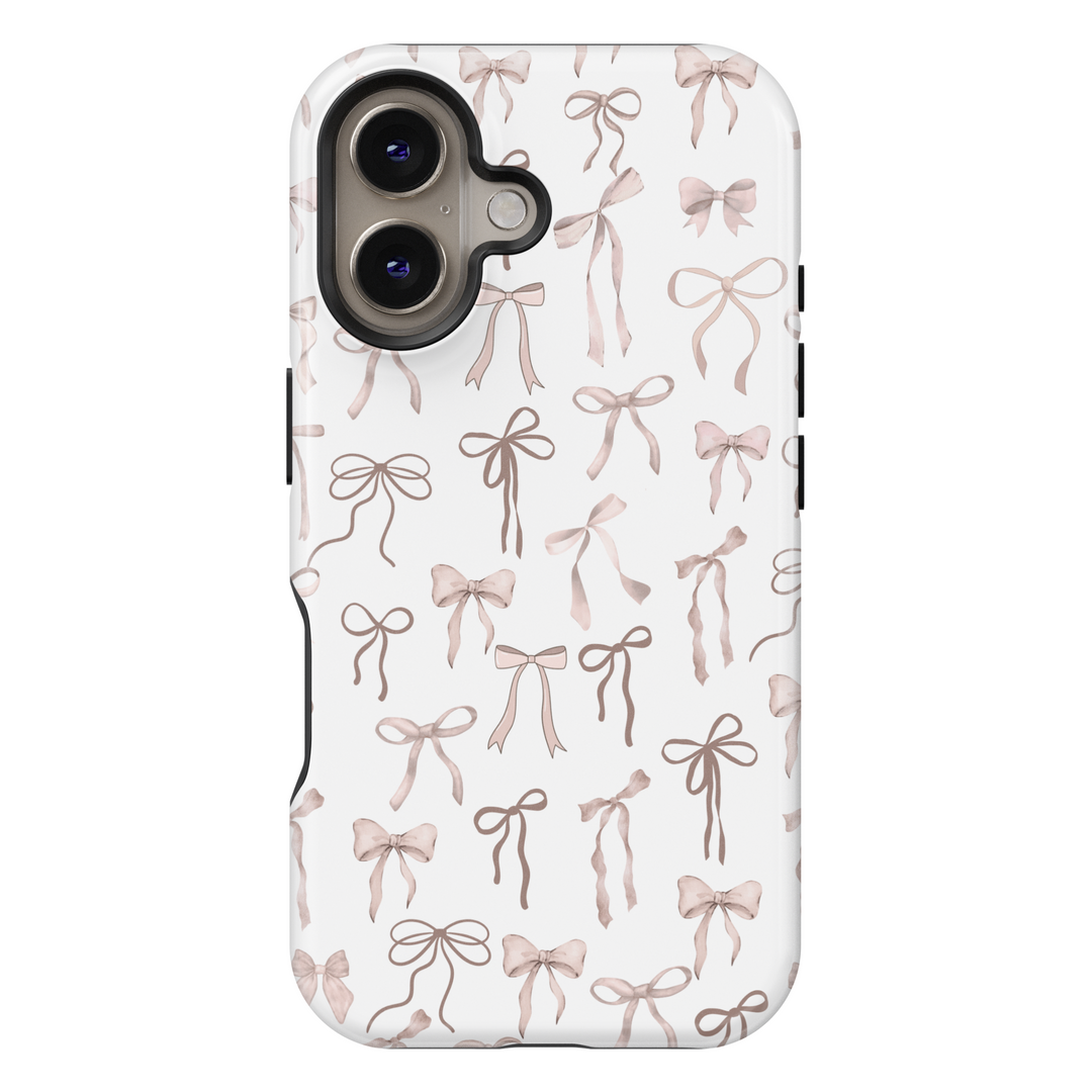 Feminine pastel pink bow pattern iPhone case with white background – Coquette aesthetic MagSafe iPhone 16 Pro Max and iPhone 15 Pro phone case