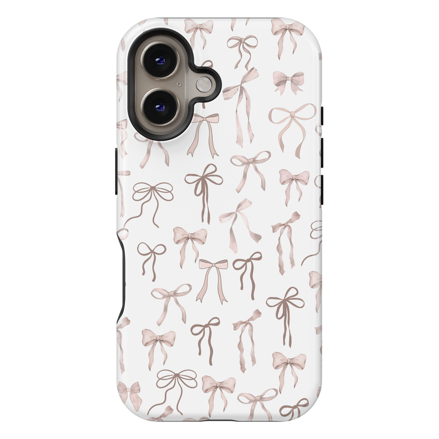 Feminine pastel pink bow pattern iPhone case with white background – Coquette aesthetic MagSafe iPhone 16 Pro Max and iPhone 15 Pro phone case