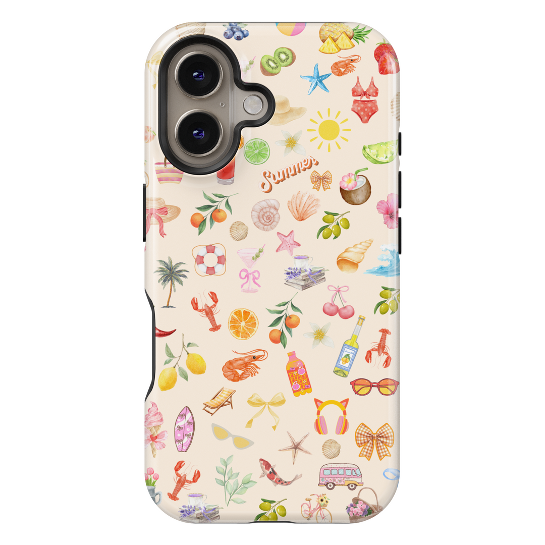 Playful summer beach icons iPhone case with colorful fruits, seashells, hats, cocktails, and tropical elements – MagSafe compatible iPhone 16 Pro Max summer collage case