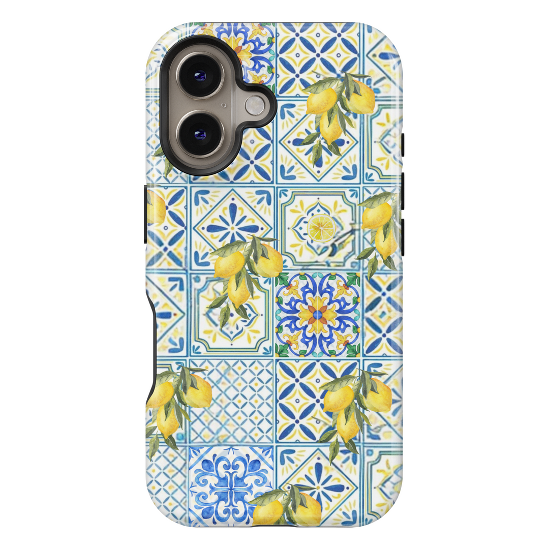 Mediterranean lemon tile iPhone case with blue and yellow ceramic pattern – MagSafe compatible citrus summer phone case for iPhone 16 Pro Max, iPhone 15 Pro, and iPhone 16e