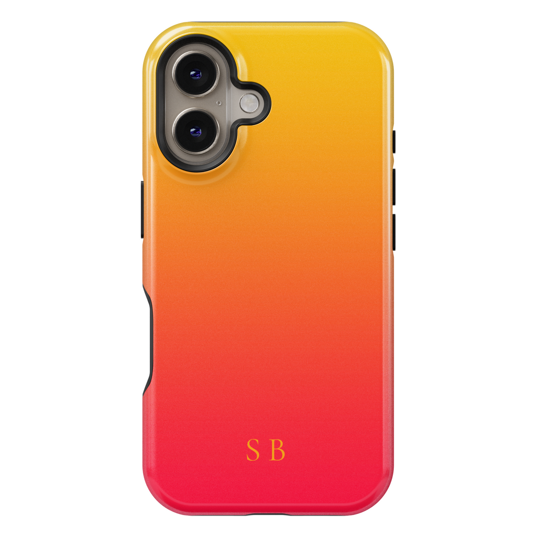 Personalized initials iPhone case with yellow to red sunset gradient design – MagSafe compatible iPhone 16 Pro Max and iPhone 15 Pro custom ombre phone case
