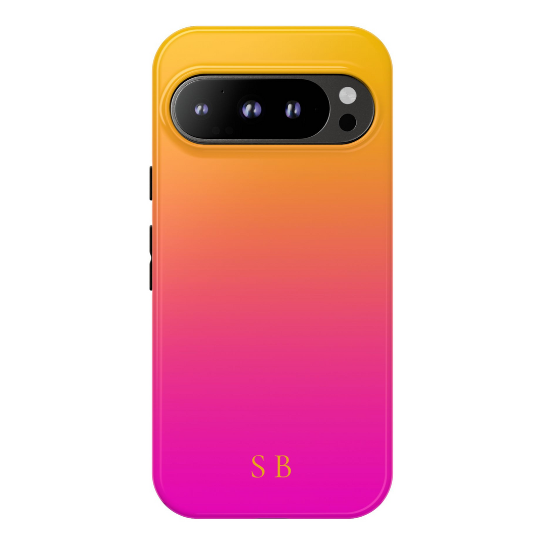 custom initials phone case, gradient ombre Pixel 8 Pro cover, pink orange Google Pixel case, monogrammed Pixel 9 Pro XL case, personalized tough case for Google Pixel, bold colorful phone case with name, sunset gradient Pixel cover, vibrant monogram Google Pixel 9 cas