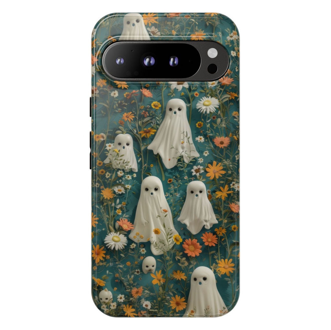 Google Pixel 9 Pro Halloween Case with Small White Ghosts and Autumn Wildflowers on Dark Teal Background