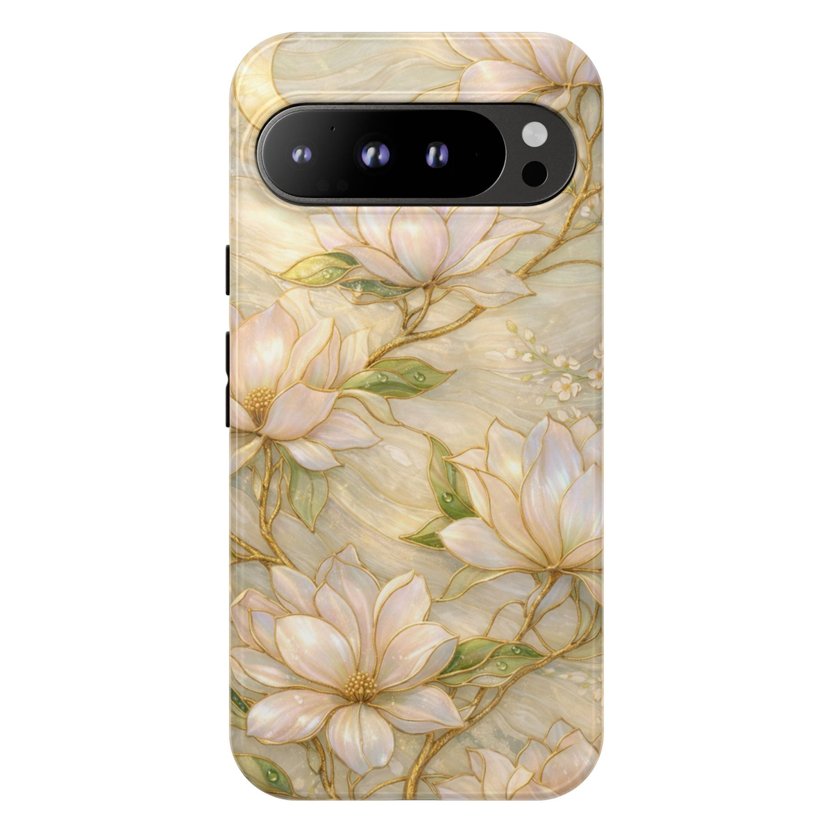Elegant magnolia floral Google Pixel 10 Pro case with ivory flowers and gold branches botanical design protective tough case compatible with Pixel 10 Pro Pixel 9 Pro and Pixel 8 Pro luxury floral aesthetic phone cover.