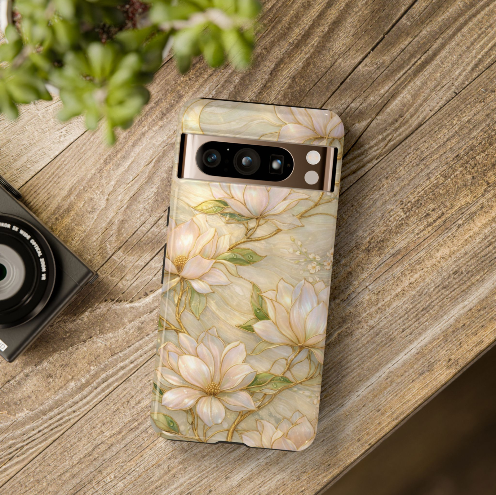 Elegant magnolia floral Google Pixel 10 Pro case with ivory flowers and gold branches botanical design protective tough case compatible with Pixel 10 Pro Pixel 9 Pro and Pixel 8 Pro luxury floral aesthetic phone cover.