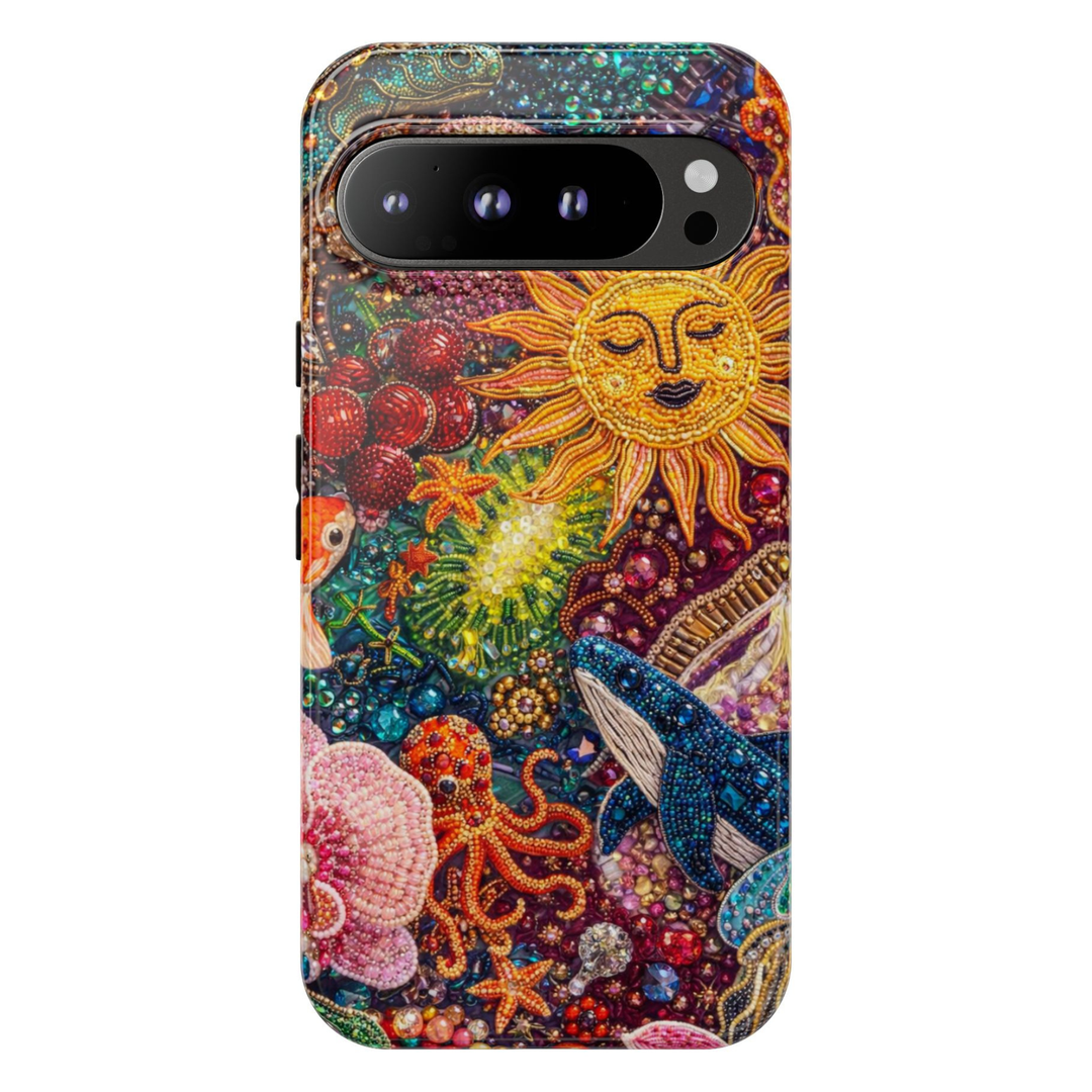 Colorful ocean and celestial Google Pixel 10 Pro case with jeweled sea life design featuring whale octopus starfish and sun protective tough case compatible with Pixel 10 Pro Pixel 9 Pro and Pixel 8 Pro vibrant ocean aesthetic phone cover.