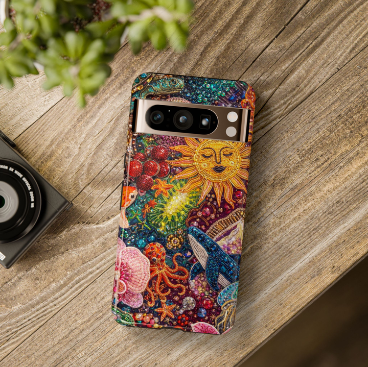 Colorful ocean and celestial Google Pixel 10 Pro case with jeweled sea life design featuring whale octopus starfish and sun protective tough case compatible with Pixel 10 Pro Pixel 9 Pro and Pixel 8 Pro vibrant ocean aesthetic phone cover.