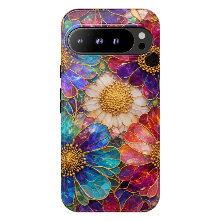 Colorful stained glass floral Google Pixel 10 Pro case with vibrant flower design protective tough case compatible with Pixel 10 Pro Pixel 9 Pro and Pixel 8 Pro artistic floral aesthetic phone cover.