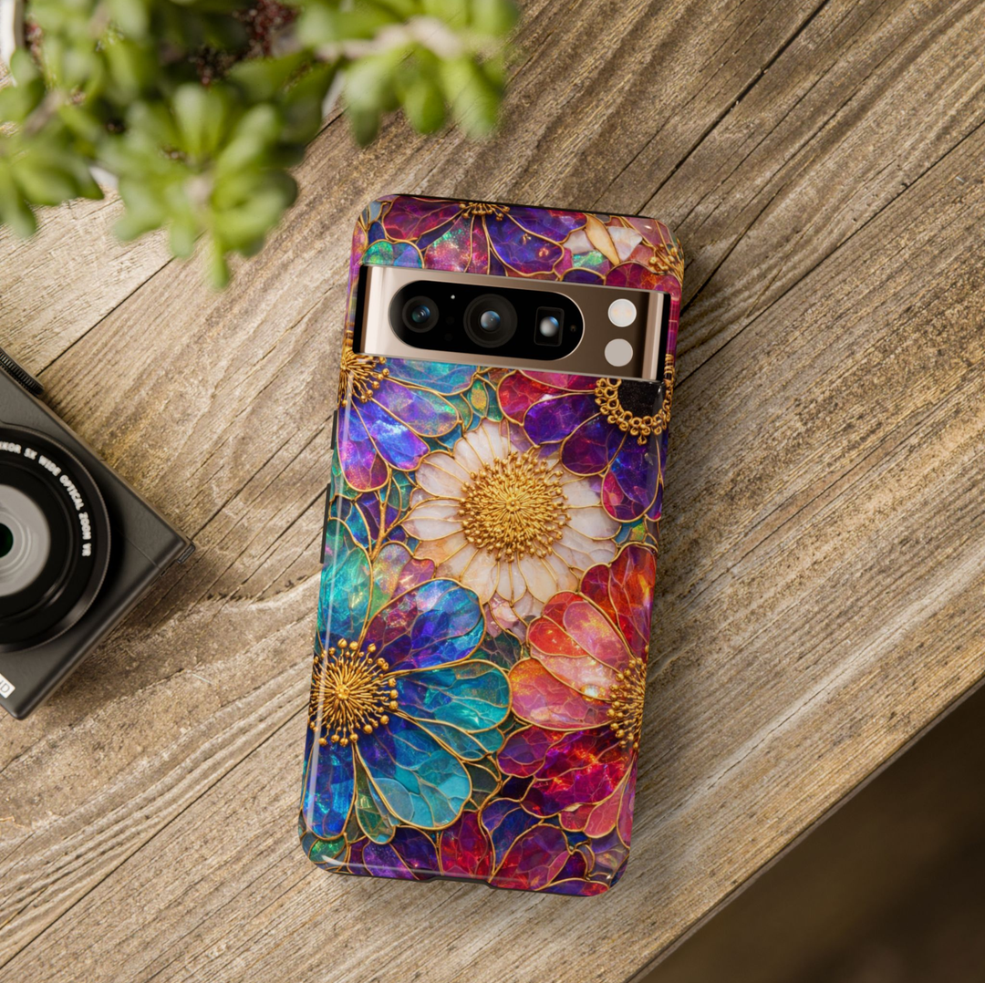 Colorful stained glass floral Google Pixel 10 Pro case with vibrant flower design protective tough case compatible with Pixel 10 Pro Pixel 9 Pro and Pixel 8 Pro artistic floral aesthetic phone cover.