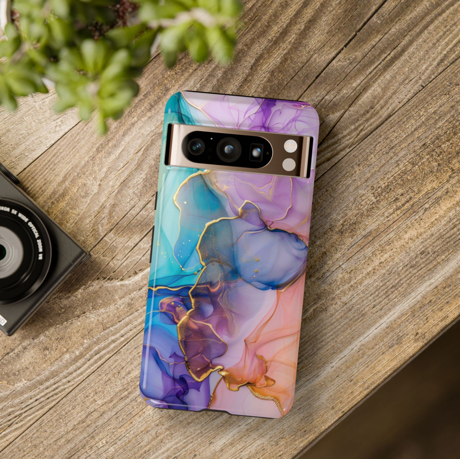 Abstract marble Google Pixel 10 Pro case with colorful alcohol ink design and gold accents protective tough case compatible with Pixel 10 Pro Pixel 9 Pro and Pixel 8 Pro modern aesthetic phone cover.
