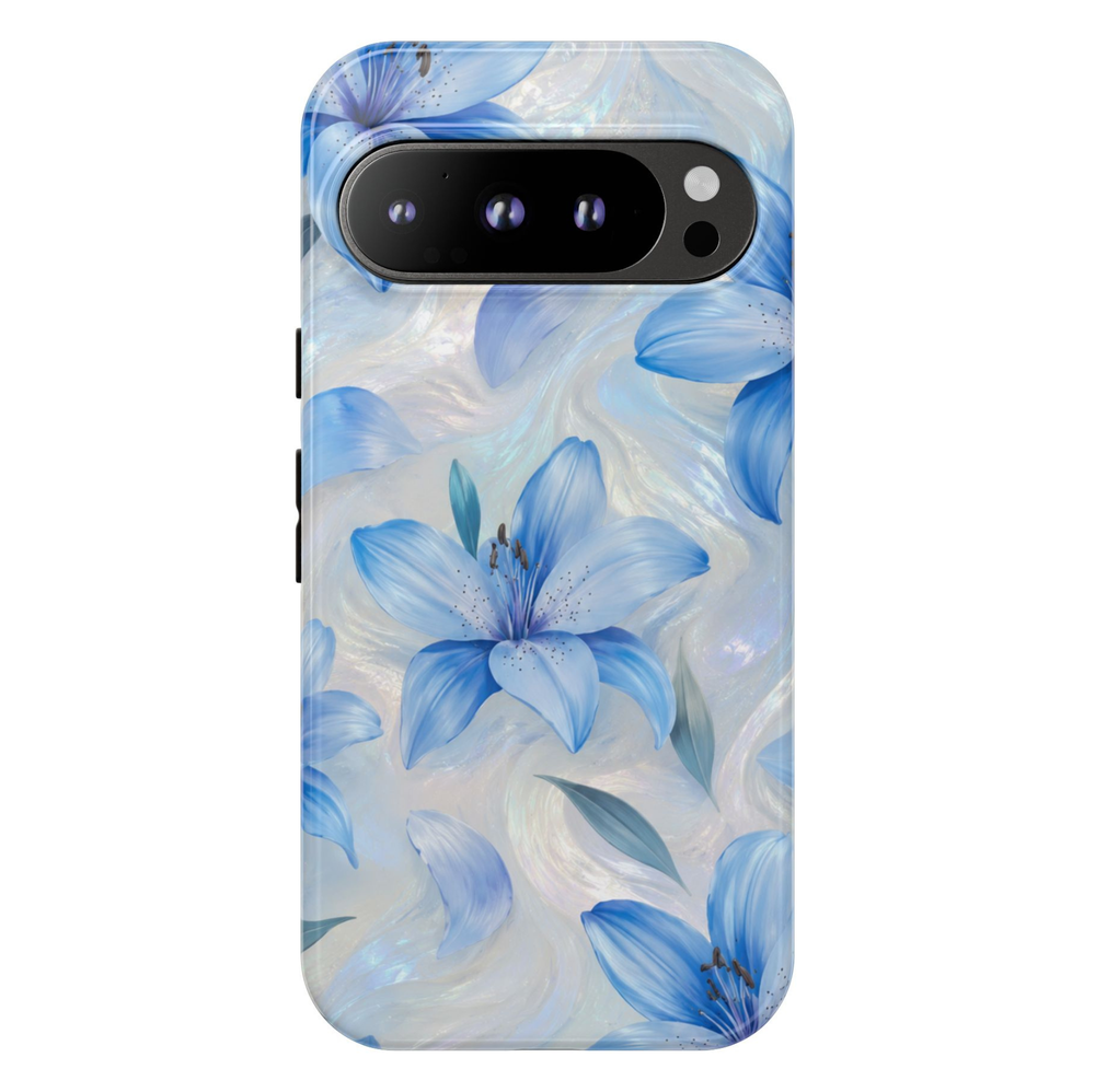 Google Pixel 10 Pro protective phone case featuring elegant blue lily flowers on a shimmering iridescent pearl background with premium dual-layer drop protection.