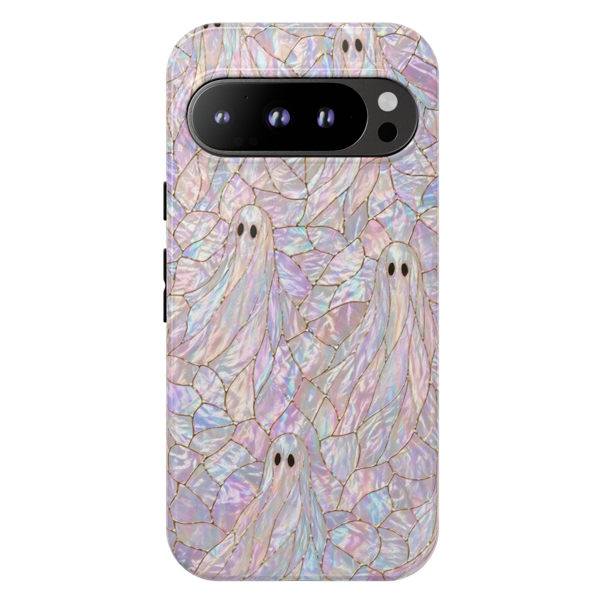 Google Pixel 10 Pro iridescent ghost Halloween phone case featuring cute white ghosts on a pearl stained-glass background with durable protective design.