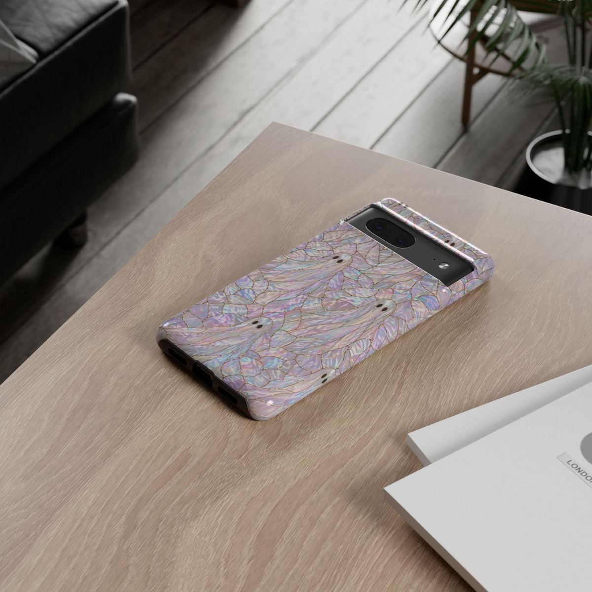 Google Pixel 10 Pro iridescent ghost Halloween phone case featuring cute white ghosts on a pearl stained-glass background with durable protective design.