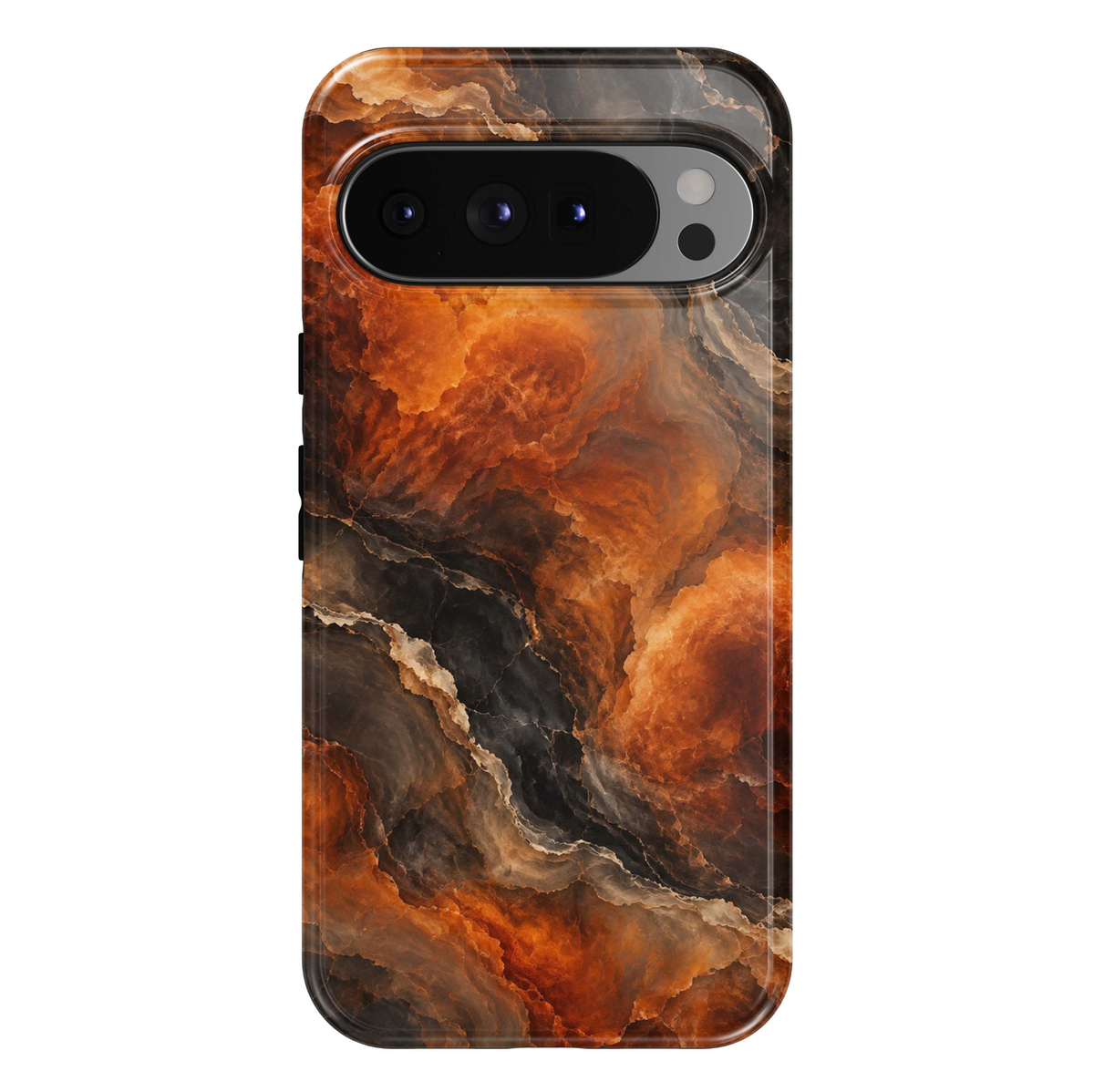 Amber Obsidian Google Pixel case featuring rich burnt orange, amber, charcoal black and warm brown marble patterns with dramatic natural stone-inspired textures and a glossy finish.