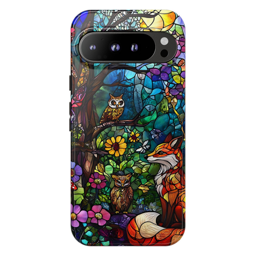 Stained glass woodland fox and owl Google Pixel phone case – artistic forest mosaic design with flowers, protective cover for Pixel 9, Pixel 10, Pixel 8 – enchanted nature phone cover for women.