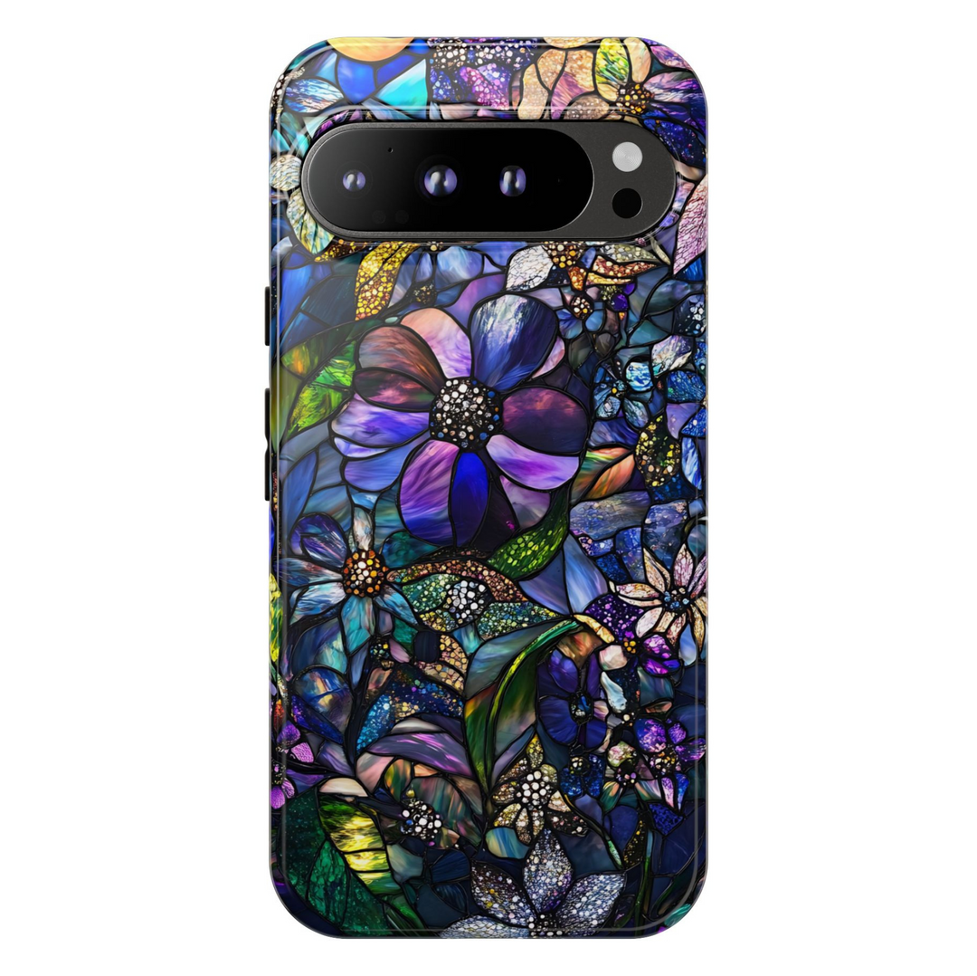 Stained glass floral Google Pixel phone case – elegant purple mosaic flower design, protective cover for Pixel 9, Pixel 10, Pixel 8 – artistic chic phone cover for women.