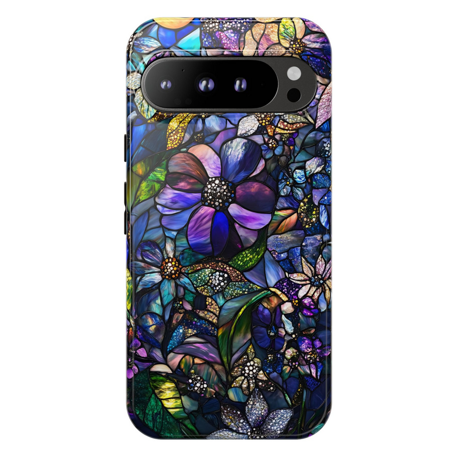 Stained glass floral Google Pixel phone case – elegant purple mosaic flower design, protective cover for Pixel 9, Pixel 10, Pixel 8 – artistic chic phone cover for women.