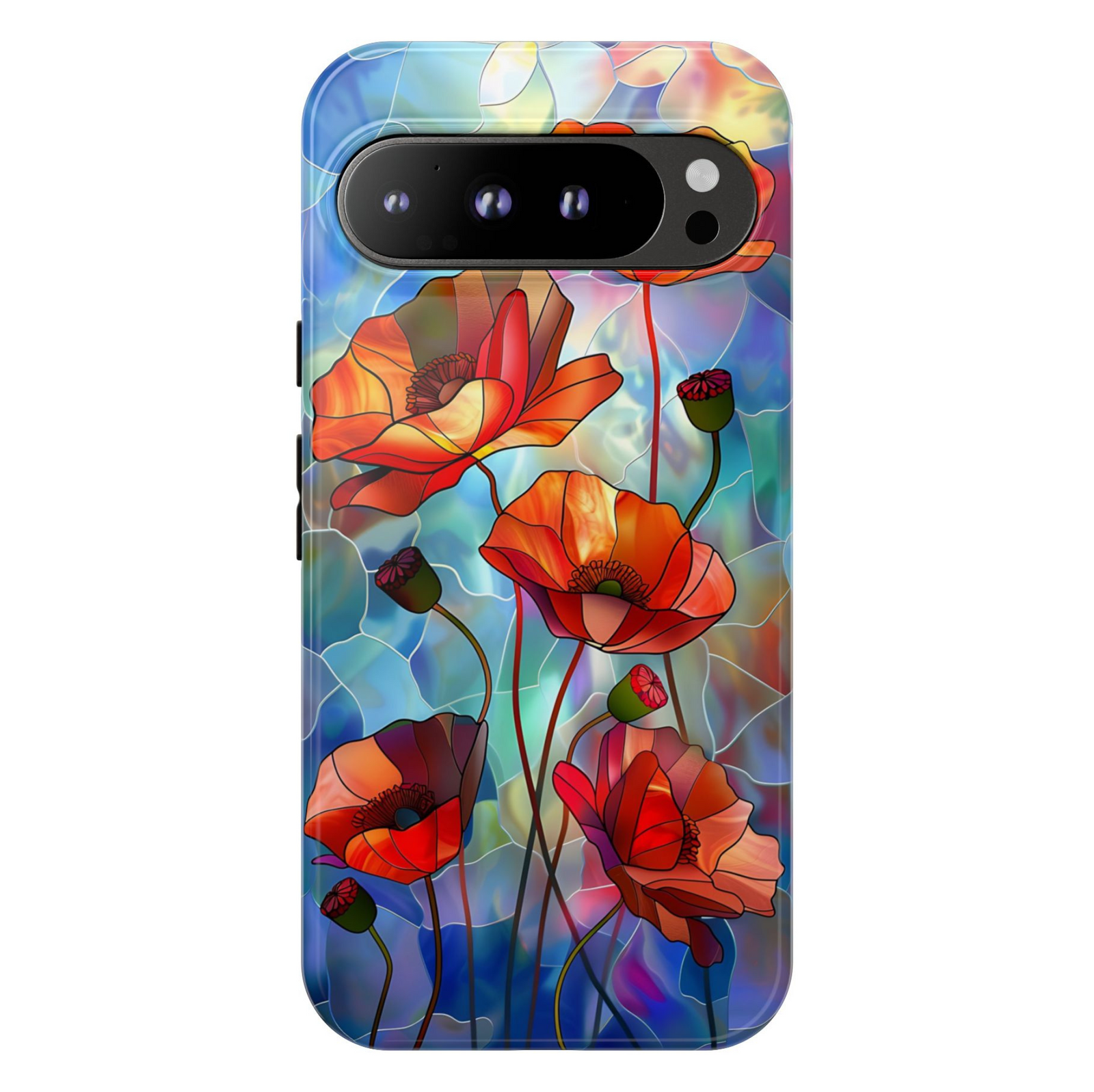 Stained glass poppy flower Google Pixel phone case – artistic floral mosaic design, protective cover for Pixel 9, Pixel 10, Pixel 8 – colorful girly flower phone cover for women.